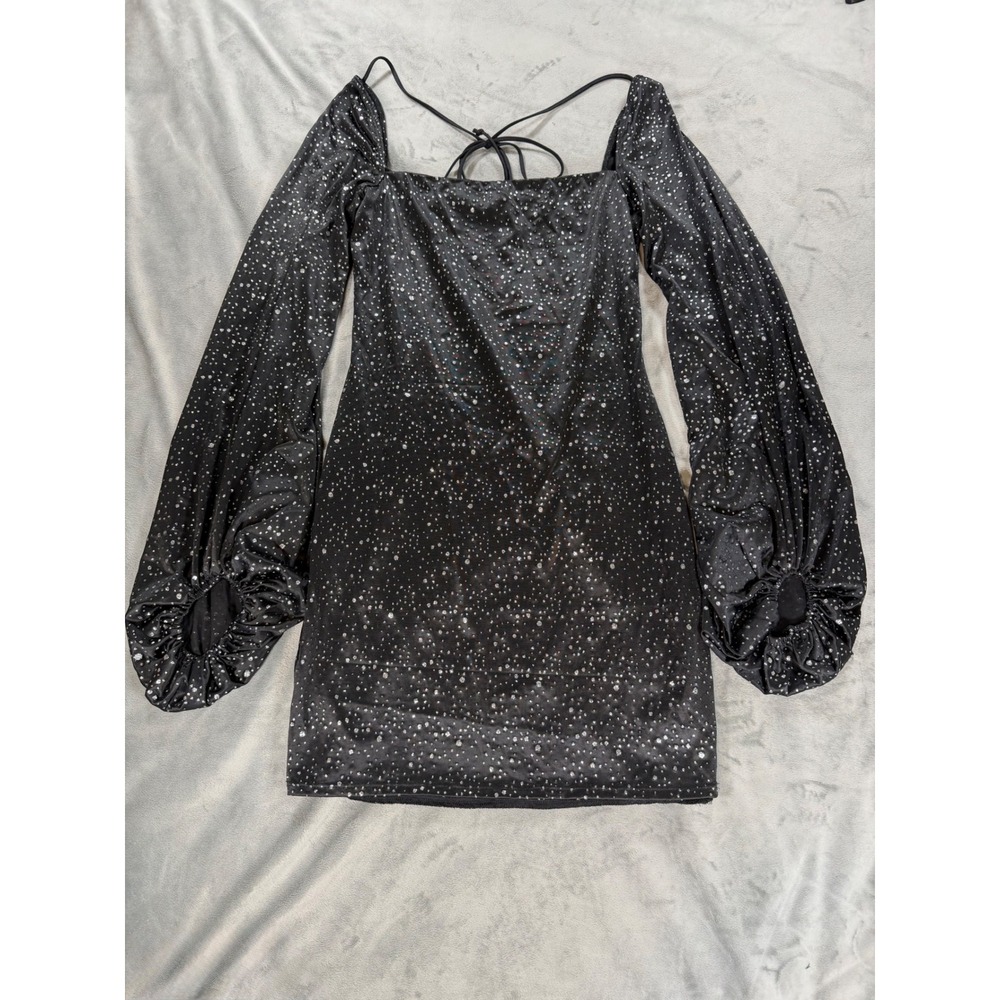 Lucy In The Sky Long Sleeve Mini Dress Womens M Black Silver Whimsigoth Glitter